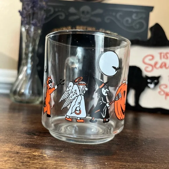 70’s Luminarc Vintage Glass Halloween Mug Trick or Treat Witch Ghost Devil Angel - Picture 2 of 3